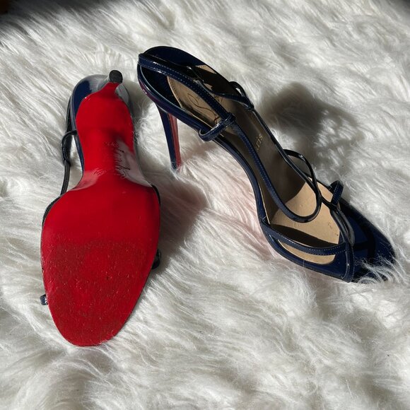 Christian Louboutin Navy Blue Patent Leather Strappy Heels Red Bottoms - Picture 4 of 10